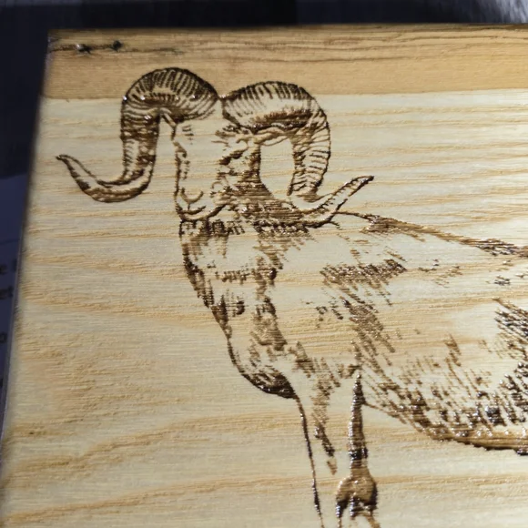 Boutique Artisan Trivet Live Edge Cherry Wood BC Mountain Sheep Engraved Cabin - Picture 2 of 8